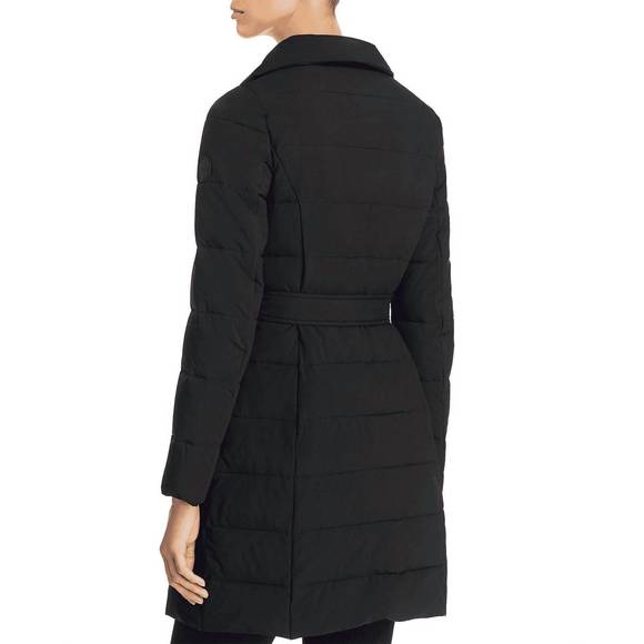 NEW T TAHARI asymmetrical belted stand collar puffer coat in black - Picture 2 of 2